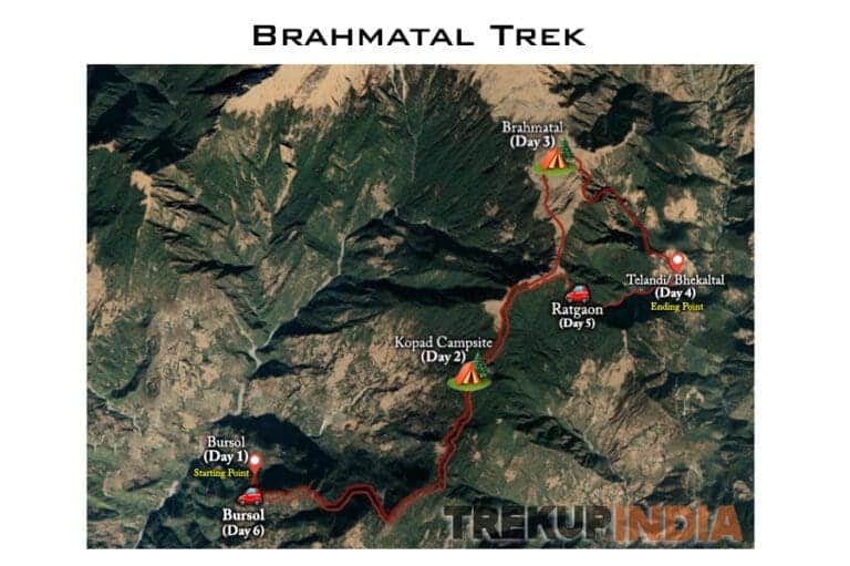 Trek route map of brahmatal trek